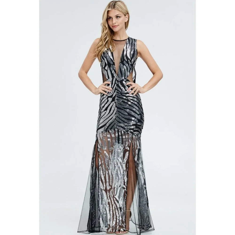 Silver Sequins Mesh Mermaid Maxi Dress - Picture 1 of 5